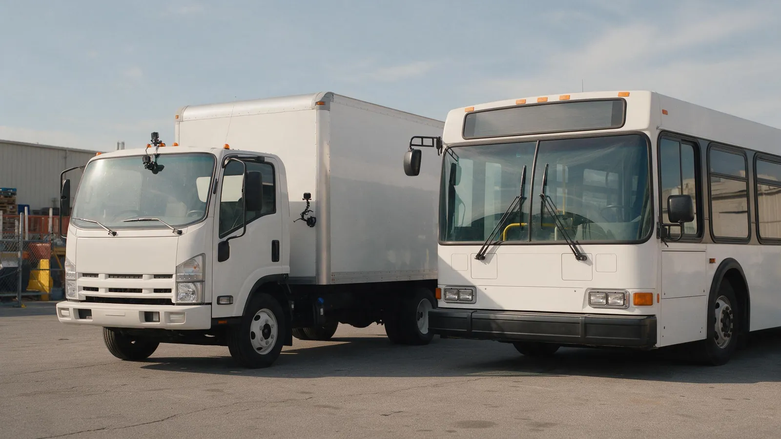 A delivery truck with cameras above the windscreen and on its side, parked next to a bus